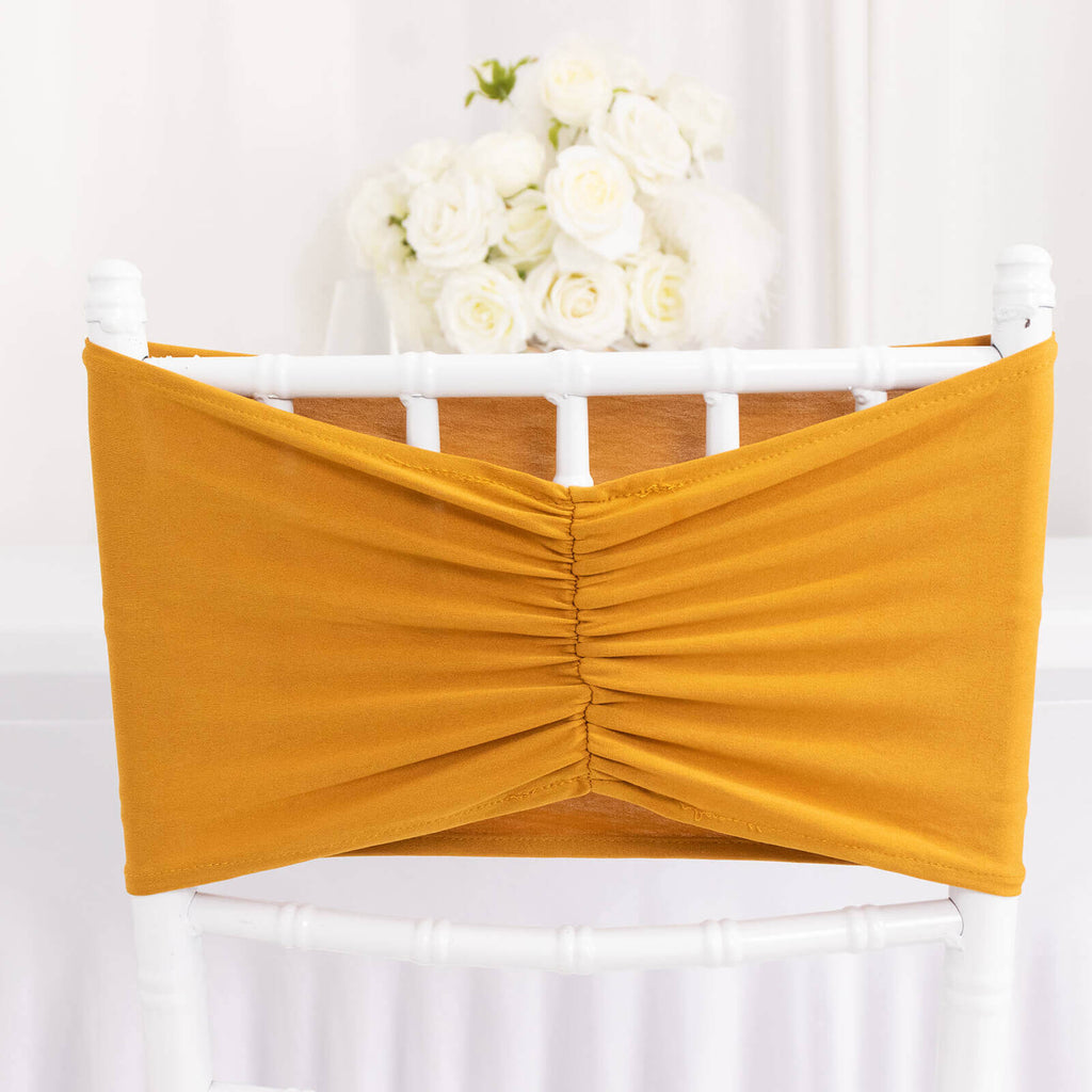 5 Pack Spandex Chair Sashes Gold Ruffled Style - Wide Easy to Use Stretch Chair Bands for Classy Wedding and Event Decor 8"x13" - Bell Racket Store