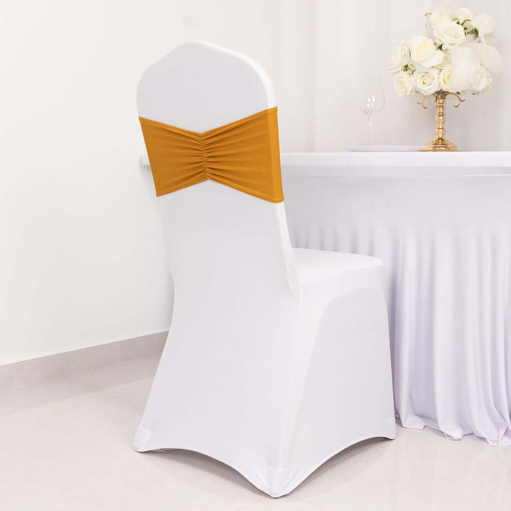 5 Pack Spandex Chair Sashes Gold Ruffled Style - Wide Easy to Use Stretch Chair Bands for Classy Wedding and Event Decor 8"x13" - Bell Racket Store