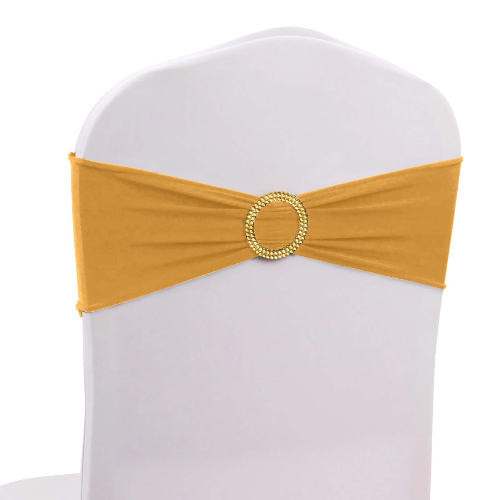 5 Pack Spandex Chair Sashes Gold with Gold Rhinestone Buckles - Reusable Four - Way Stretch Sash Bands for Classy & Effortless Wedding & Party Decor 5"x14" - Bell Racket Store