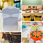 5 Pack Spandex Chair Sashes Gold with Gold Rhinestone Buckles - Reusable Four - Way Stretch Sash Bands for Classy & Effortless Wedding & Party Decor 5"x14" - Bell Racket Store