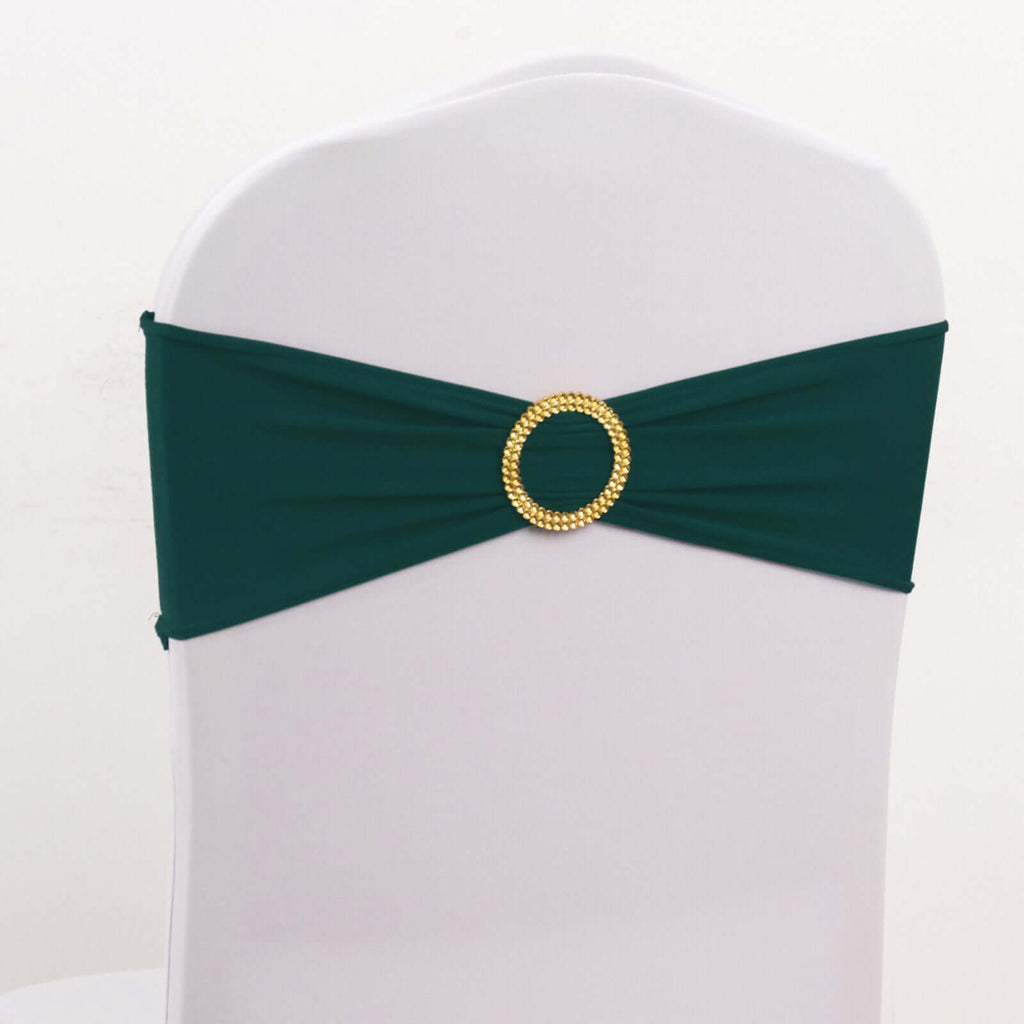 5 Pack Spandex Chair Sashes Hunter Emerald Green with Gold Rhinestone Buckles - Reusable Four - Way Stretch Sash Bands 5"x14" - Bell Racket Store