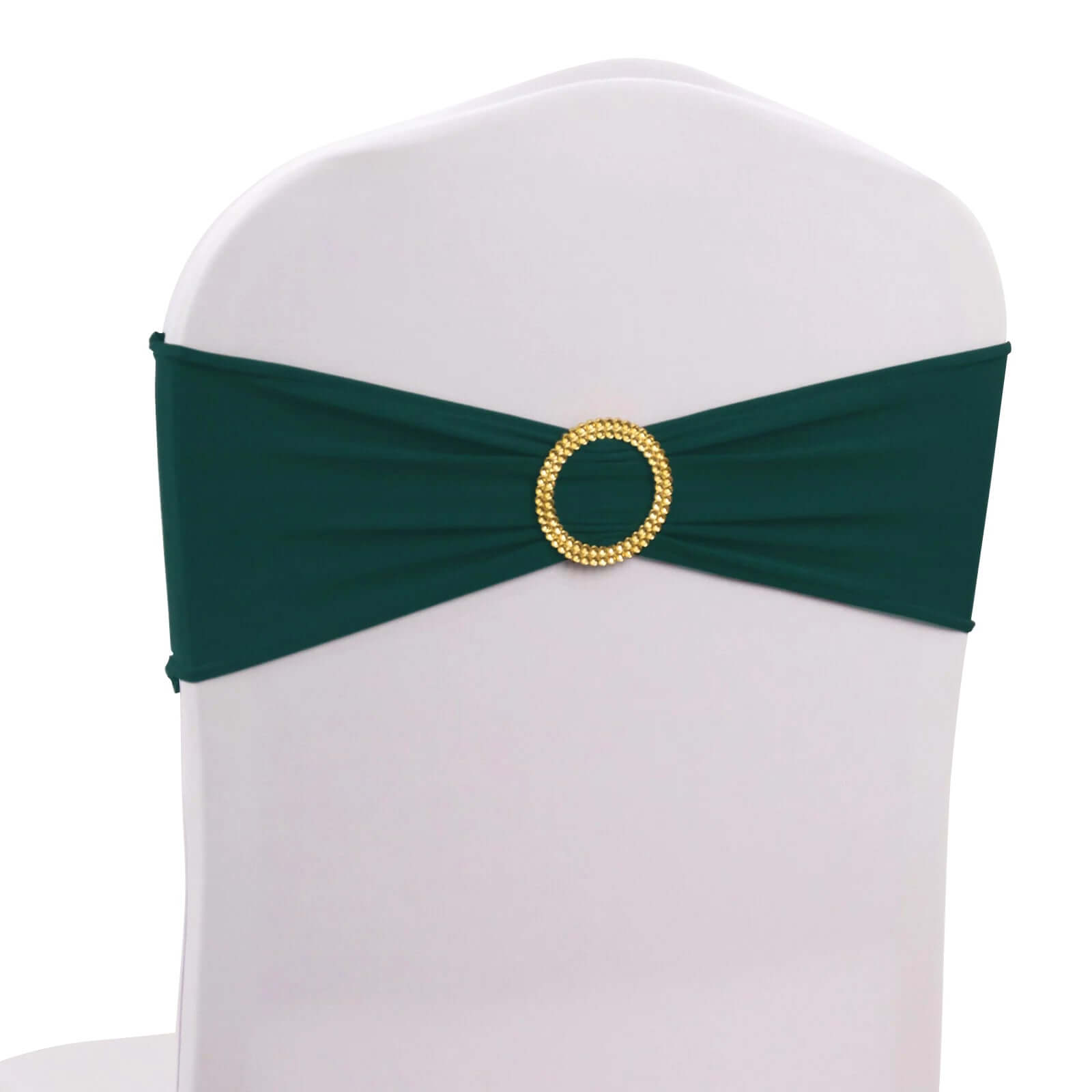 5 Pack Spandex Chair Sashes Hunter Emerald Green with Gold Rhinestone Buckles - Reusable Four - Way Stretch Sash Bands 5"x14" - Bell Racket Store