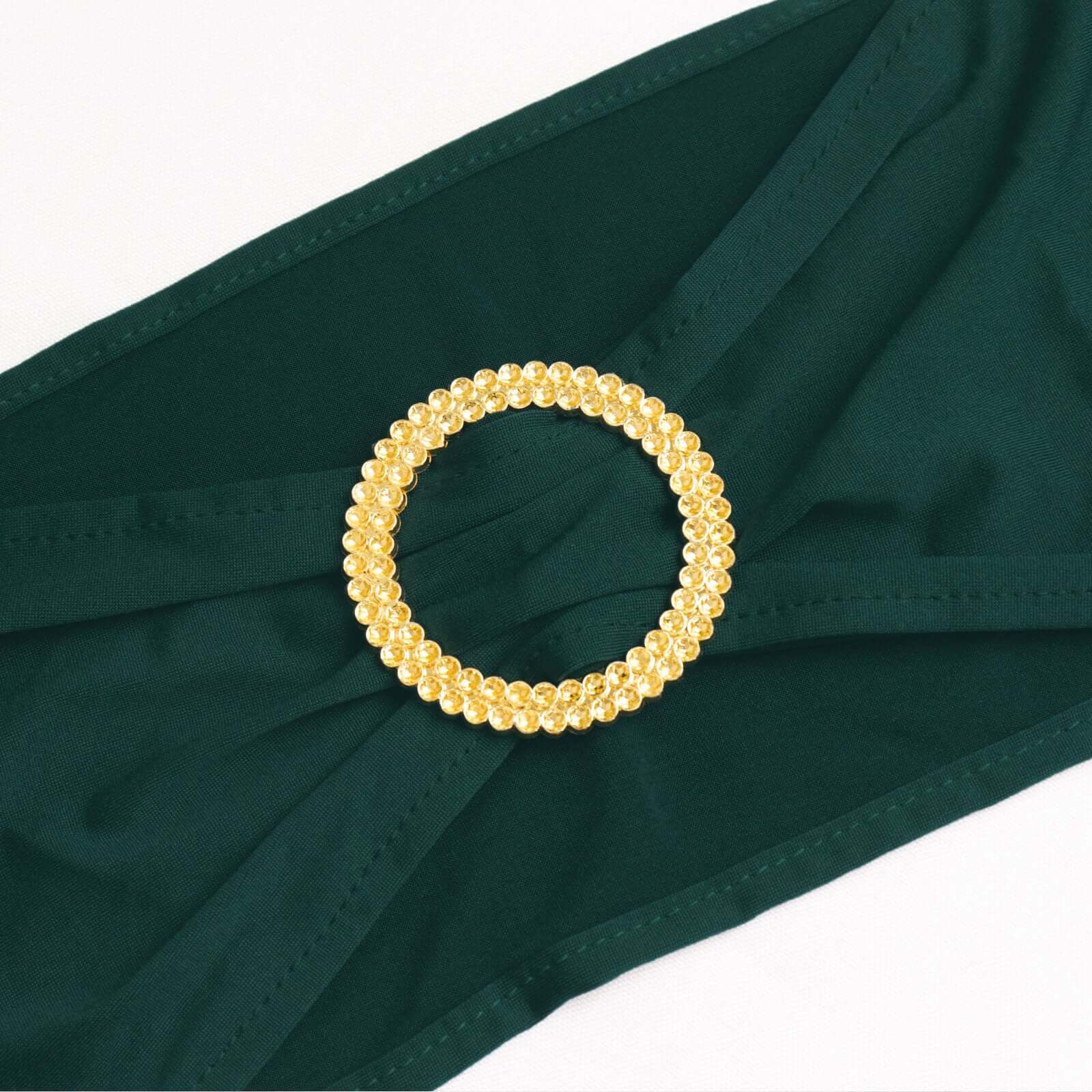 5 Pack Spandex Chair Sashes Hunter Emerald Green with Gold Rhinestone Buckles - Reusable Four - Way Stretch Sash Bands 5"x14" - Bell Racket Store