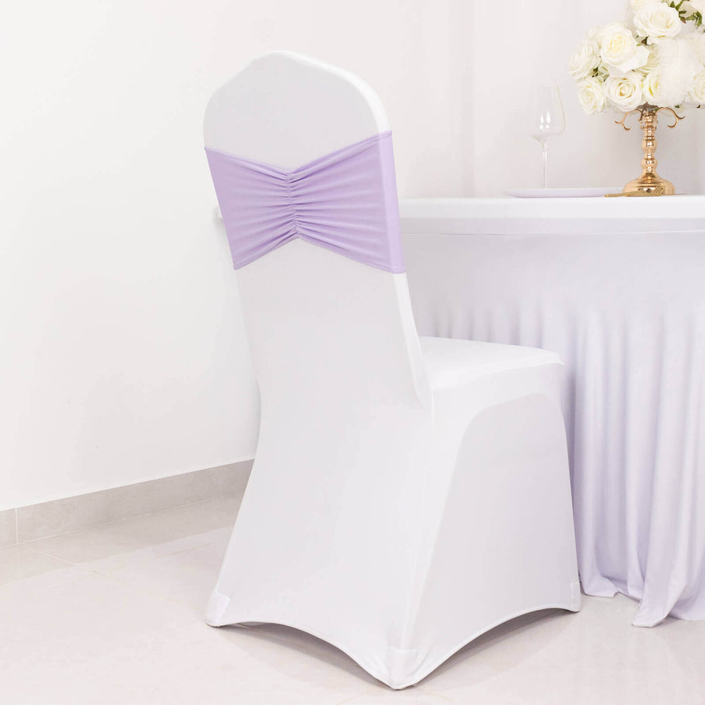 5 Pack Spandex Chair Sashes Lavender Lilac Ruffled Style - Wide Easy to Use Stretch Chair Bands 8"x13" - Bell Racket Store