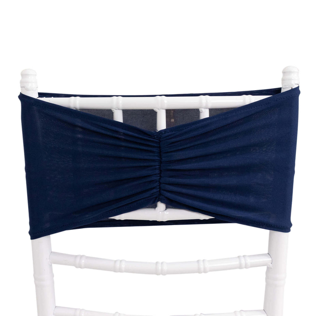 5 Pack Spandex Chair Sashes Navy Blue Ruffled Style - Wide Easy to Use Stretch Chair Bands 8"x13" - Bell Racket Store
