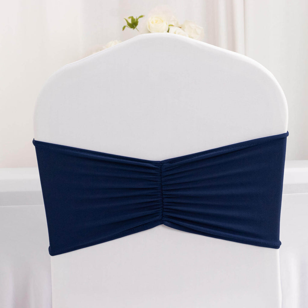 5 Pack Spandex Chair Sashes Navy Blue Ruffled Style - Wide Easy to Use Stretch Chair Bands 8"x13" - Bell Racket Store