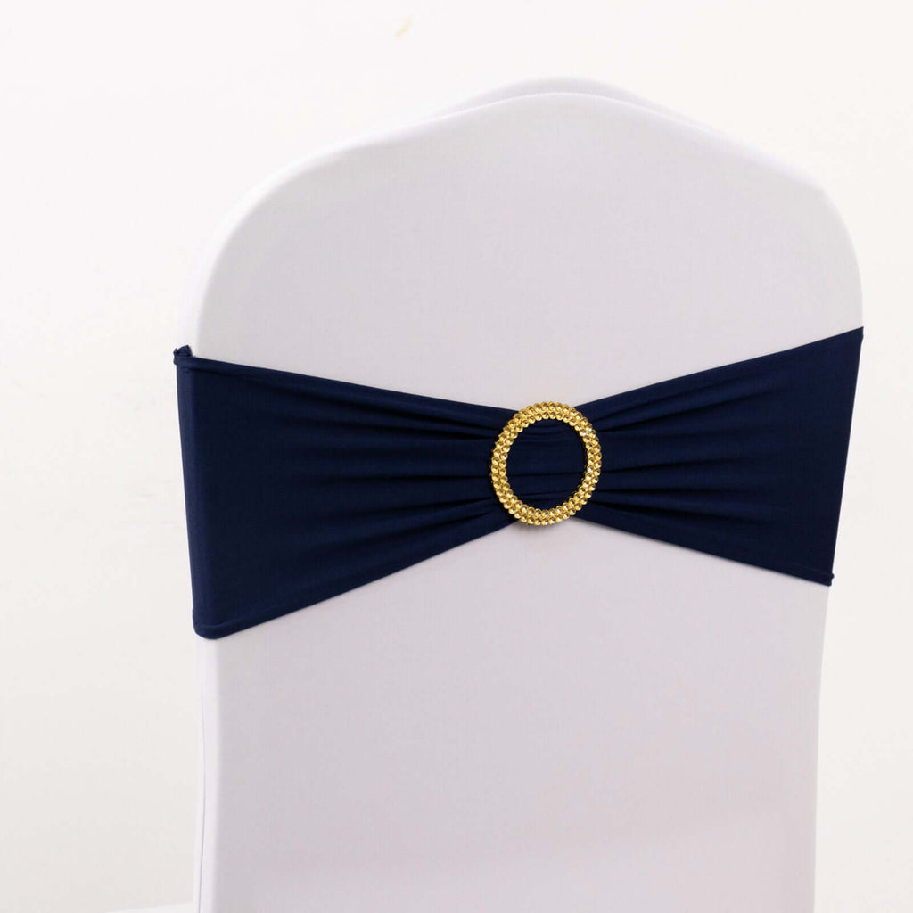5 Pack Spandex Chair Sashes Navy Blue with Gold Rhinestone Buckles - Reusable Four - Way Stretch Sash Bands 5"x14" - Bell Racket Store