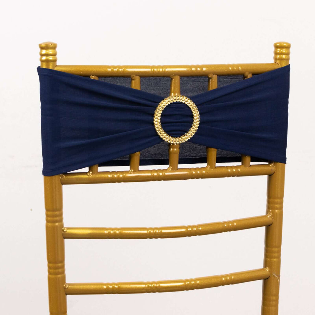 5 Pack Spandex Chair Sashes Navy Blue with Gold Rhinestone Buckles - Reusable Four - Way Stretch Sash Bands 5"x14" - Bell Racket Store