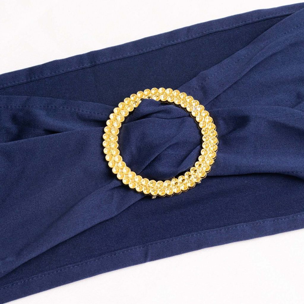 5 Pack Spandex Chair Sashes Navy Blue with Gold Rhinestone Buckles - Reusable Four - Way Stretch Sash Bands 5"x14" - Bell Racket Store