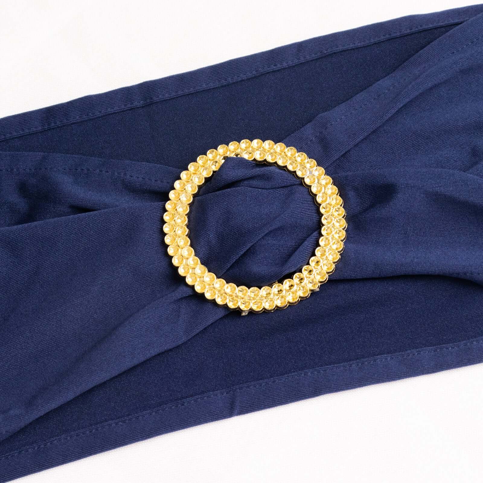 5 Pack Spandex Chair Sashes Navy Blue with Gold Rhinestone Buckles - Reusable Four - Way Stretch Sash Bands 5"x14" - Bell Racket Store