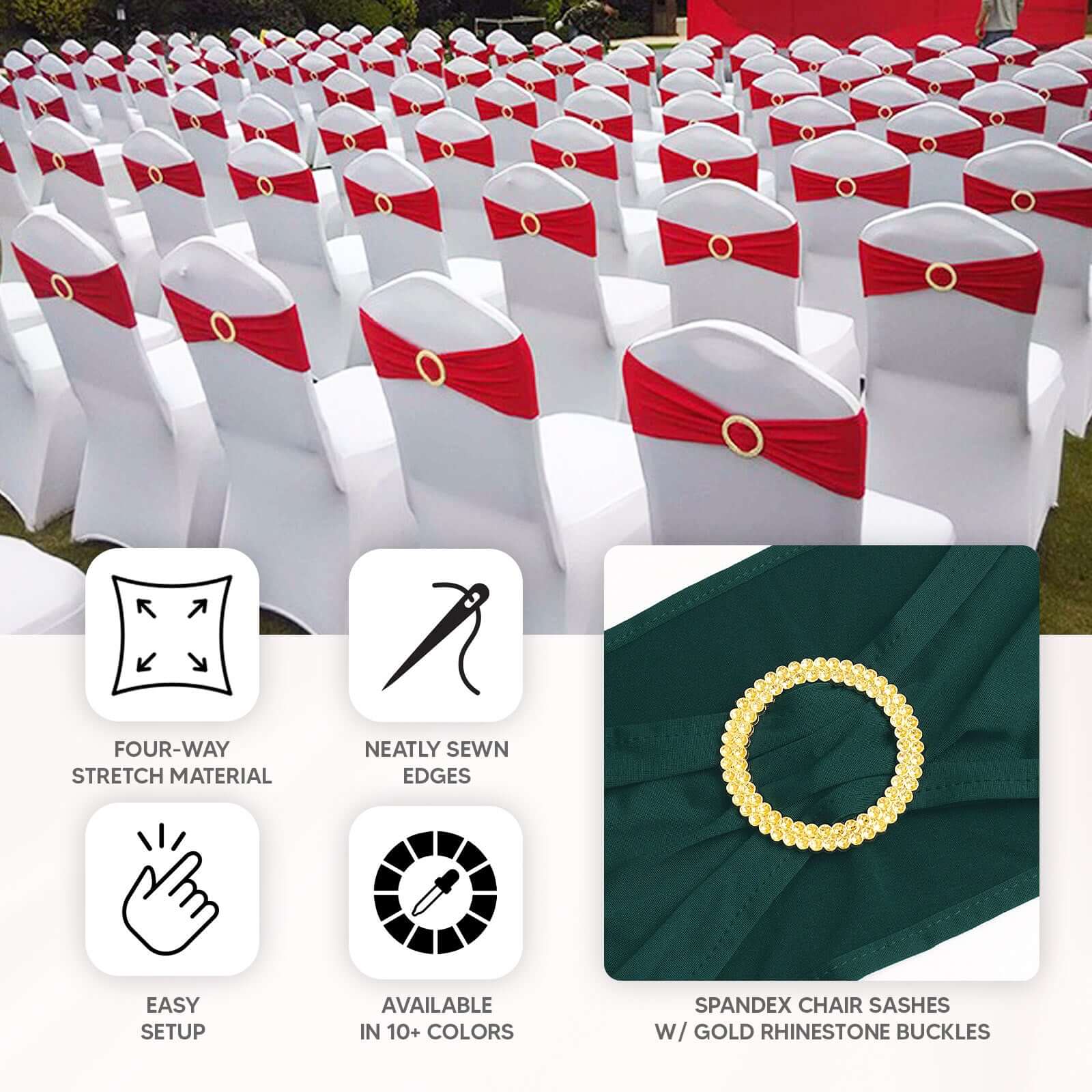 5 Pack Spandex Chair Sashes Navy Blue with Gold Rhinestone Buckles - Reusable Four - Way Stretch Sash Bands 5"x14" - Bell Racket Store