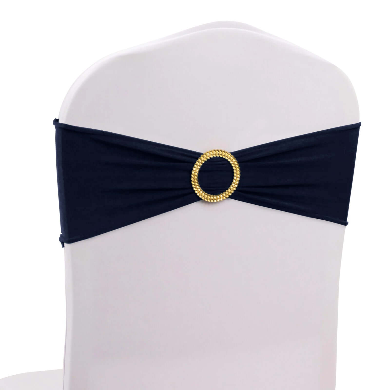 5 Pack Spandex Chair Sashes Navy Blue with Gold Rhinestone Buckles - Reusable Four - Way Stretch Sash Bands 5"x14" - Bell Racket Store