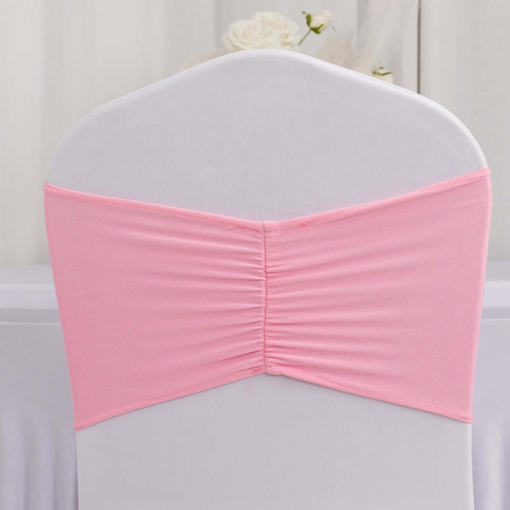 5 Pack Spandex Chair Sashes Pink Ruffled Style - Wide Easy to Use Stretch Chair Bands 8"x13" - Bell Racket Store