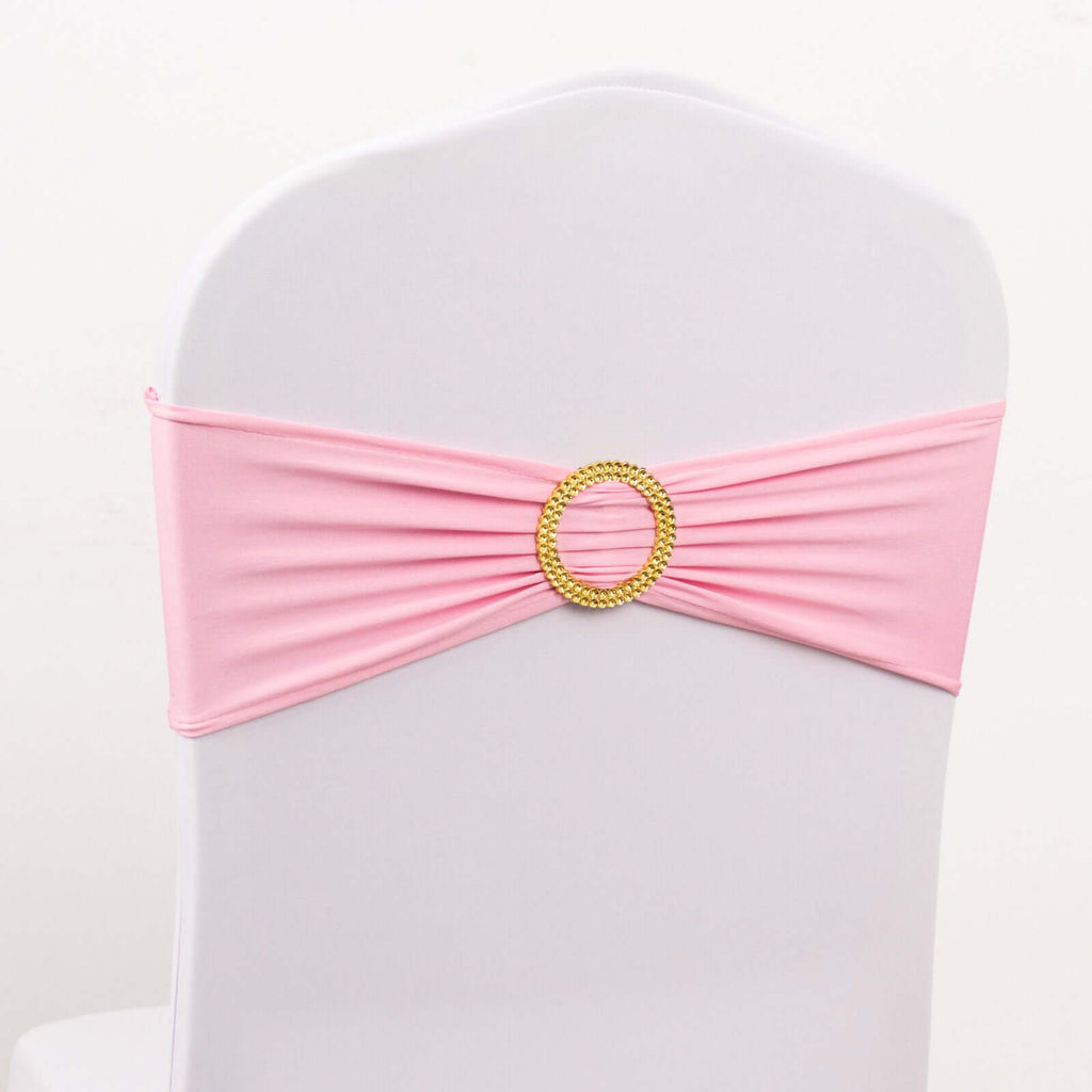 5 Pack Spandex Chair Sashes Pink with Gold Rhinestone Buckles - Reusable Four - Way Stretch Sash Bands 5"x14" - Bell Racket Store
