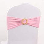 5 Pack Spandex Chair Sashes Pink with Gold Rhinestone Buckles - Reusable Four - Way Stretch Sash Bands 5"x14" - Bell Racket Store