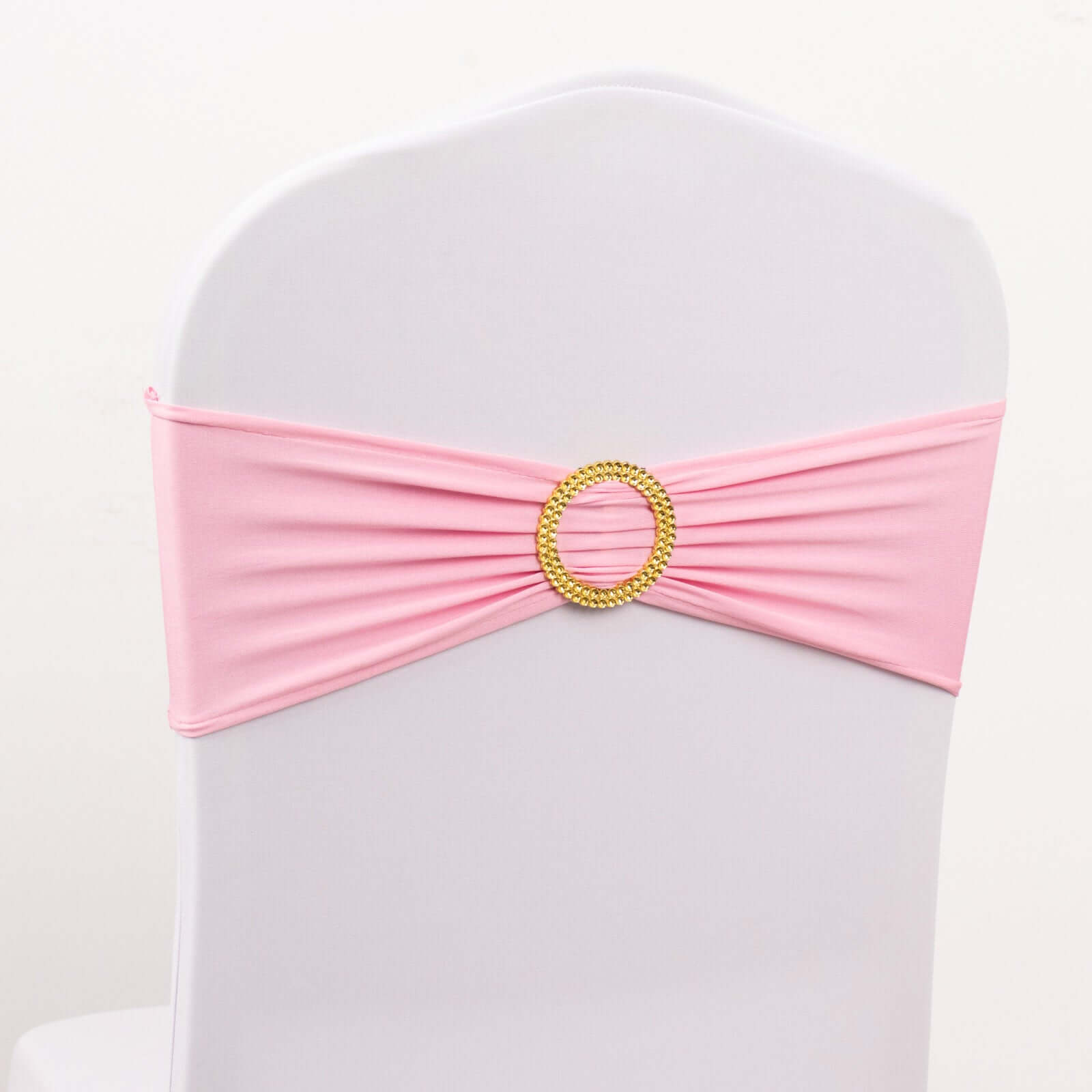5 Pack Spandex Chair Sashes Pink with Gold Rhinestone Buckles - Reusable Four - Way Stretch Sash Bands 5"x14" - Bell Racket Store