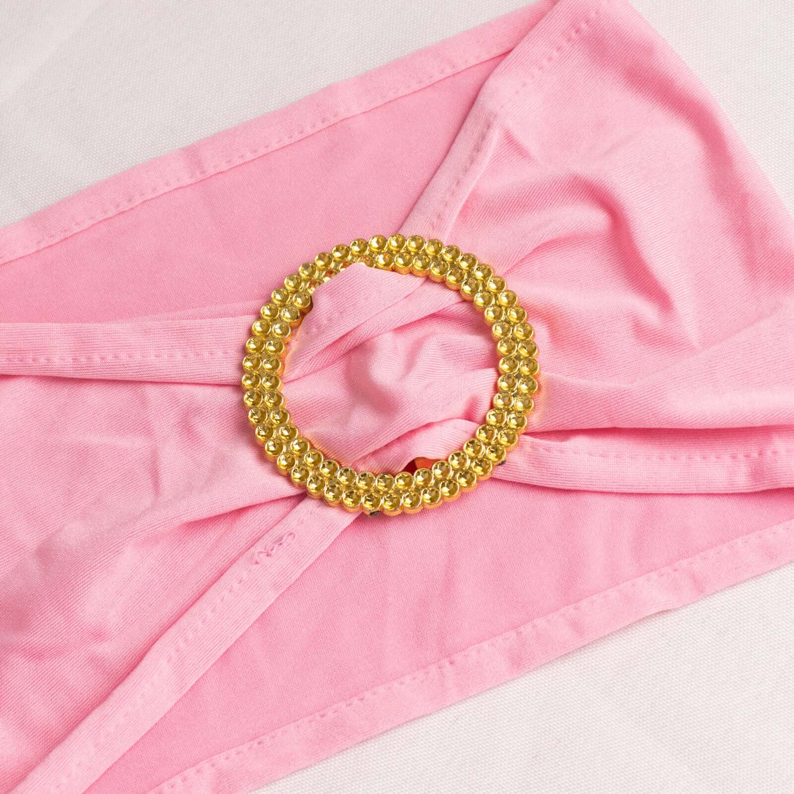 5 Pack Spandex Chair Sashes Pink with Gold Rhinestone Buckles - Reusable Four - Way Stretch Sash Bands 5"x14" - Bell Racket Store