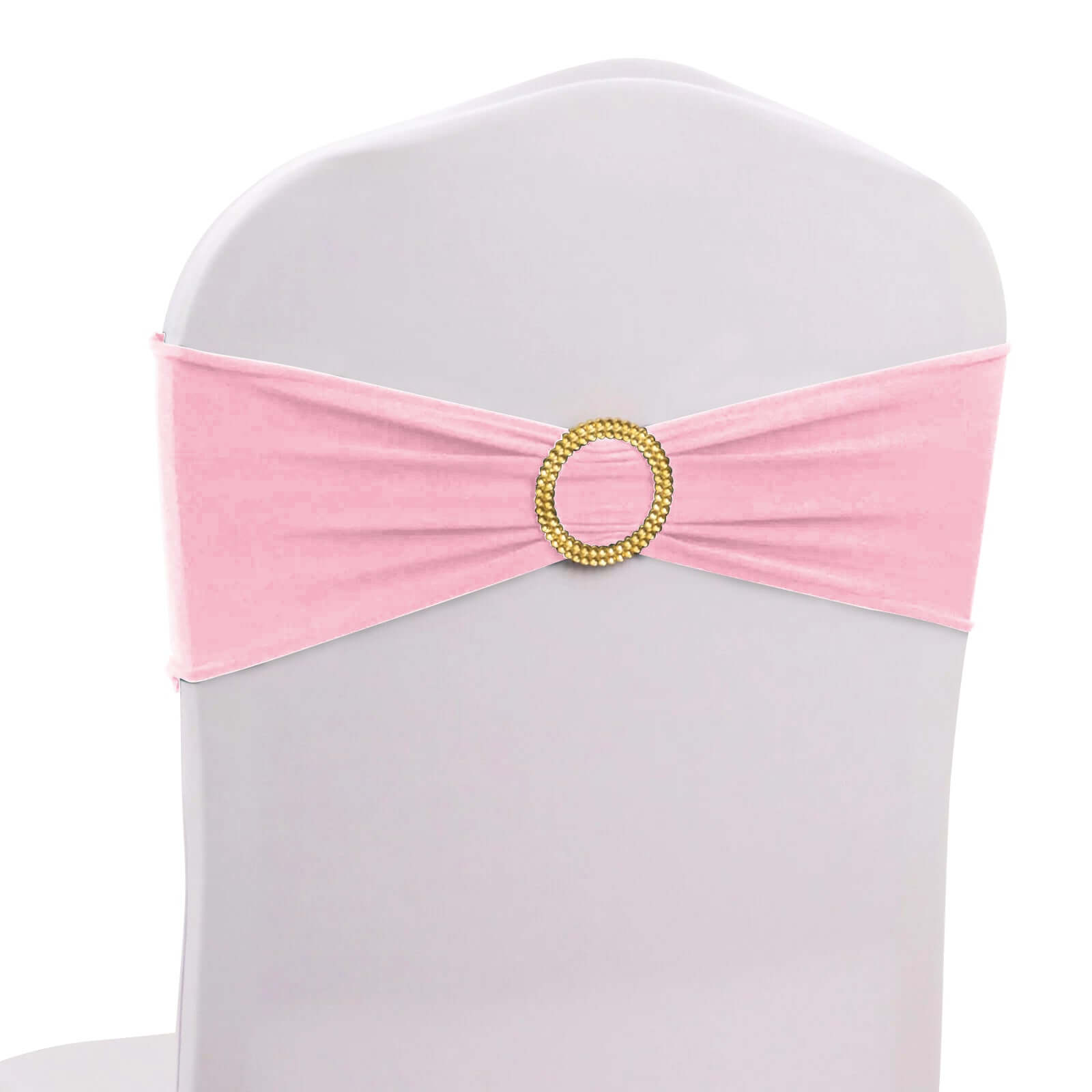 5 Pack Spandex Chair Sashes Pink with Gold Rhinestone Buckles - Reusable Four - Way Stretch Sash Bands 5"x14" - Bell Racket Store