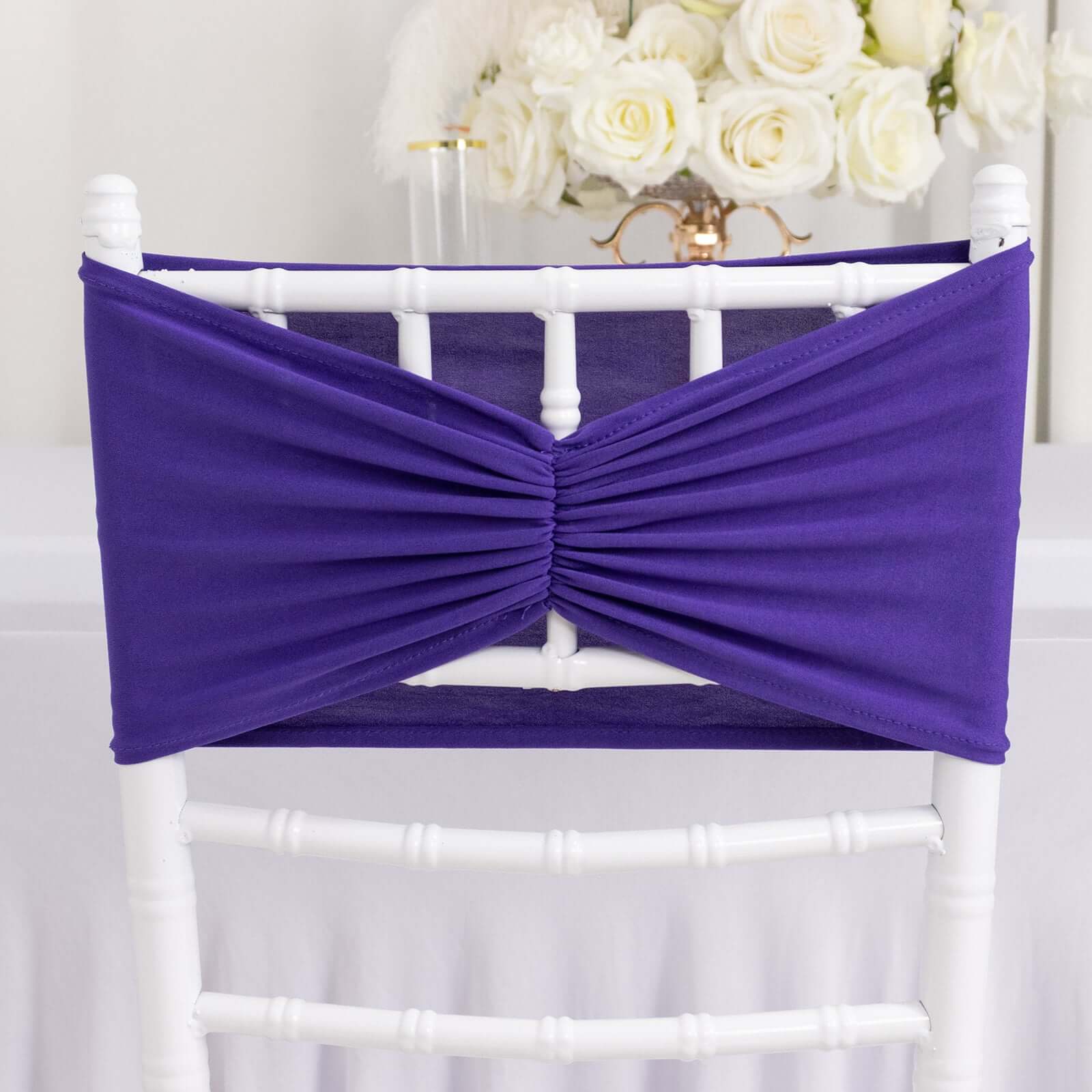5 Pack Spandex Chair Sashes Purple Ruffled Style - Wide Easy to Use Stretch Chair Bands 8"x13" - Bell Racket Store