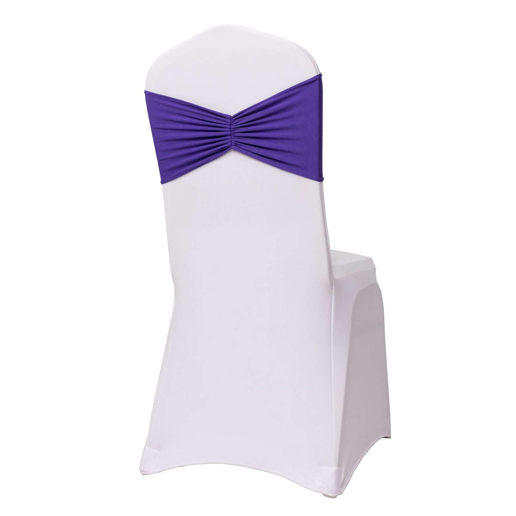 5 Pack Spandex Chair Sashes Purple Ruffled Style - Wide Easy to Use Stretch Chair Bands 8"x13" - Bell Racket Store
