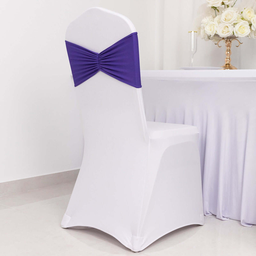 5 Pack Spandex Chair Sashes Purple Ruffled Style - Wide Easy to Use Stretch Chair Bands 8"x13" - Bell Racket Store