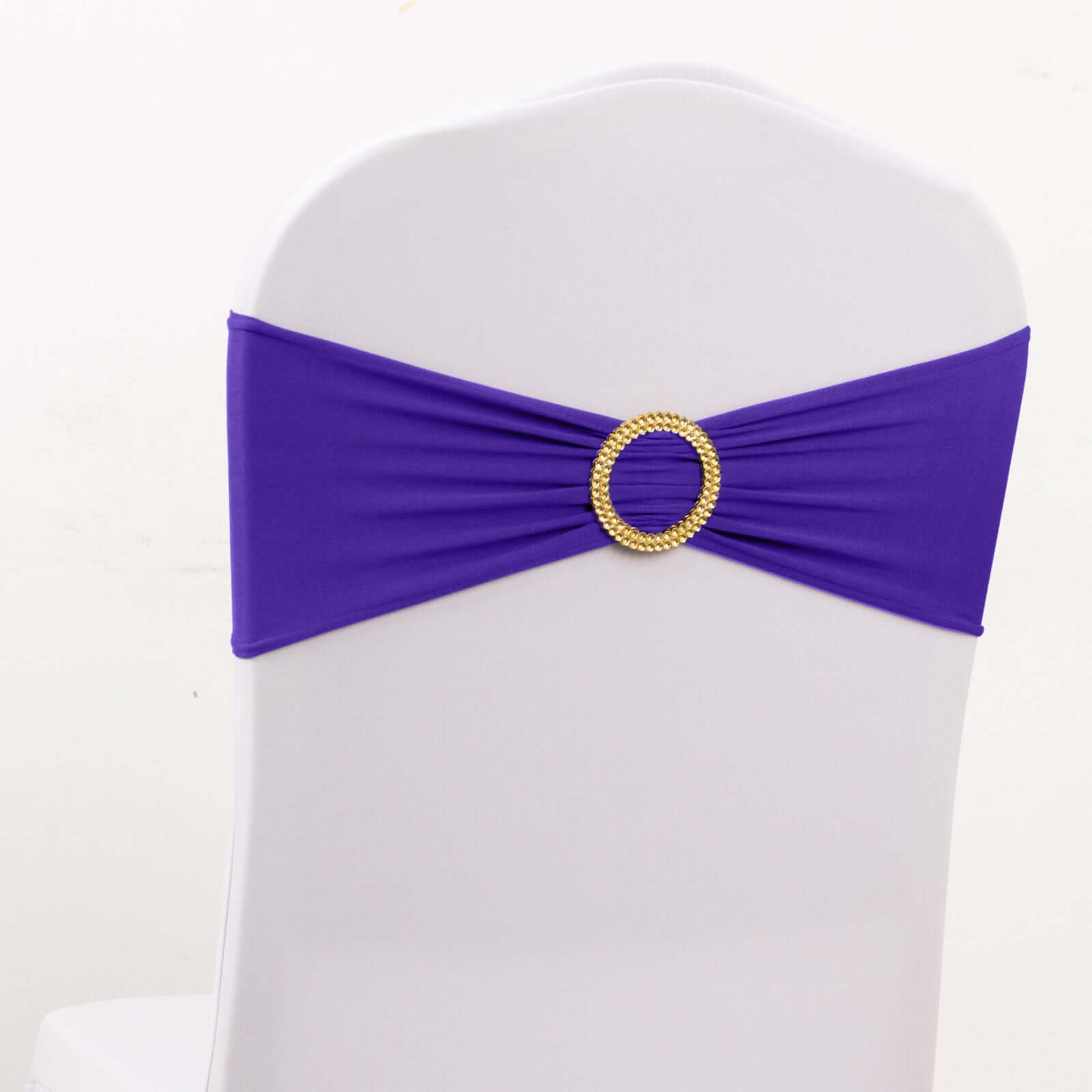5 Pack Spandex Chair Sashes Purple with Gold Rhinestone Buckles - Reusable Four - Way Stretch Sash Bands 5"x14" - Bell Racket Store