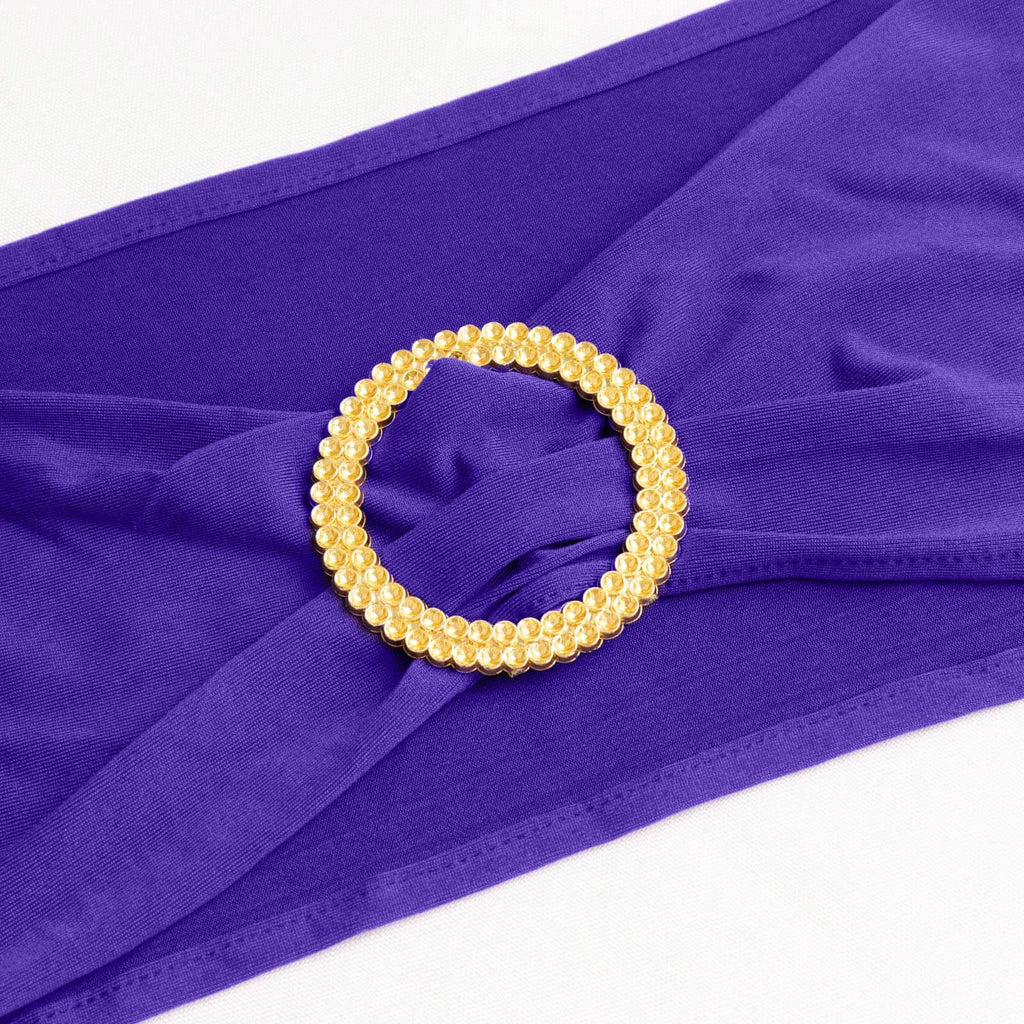 5 Pack Spandex Chair Sashes Purple with Gold Rhinestone Buckles - Reusable Four - Way Stretch Sash Bands 5"x14" - Bell Racket Store