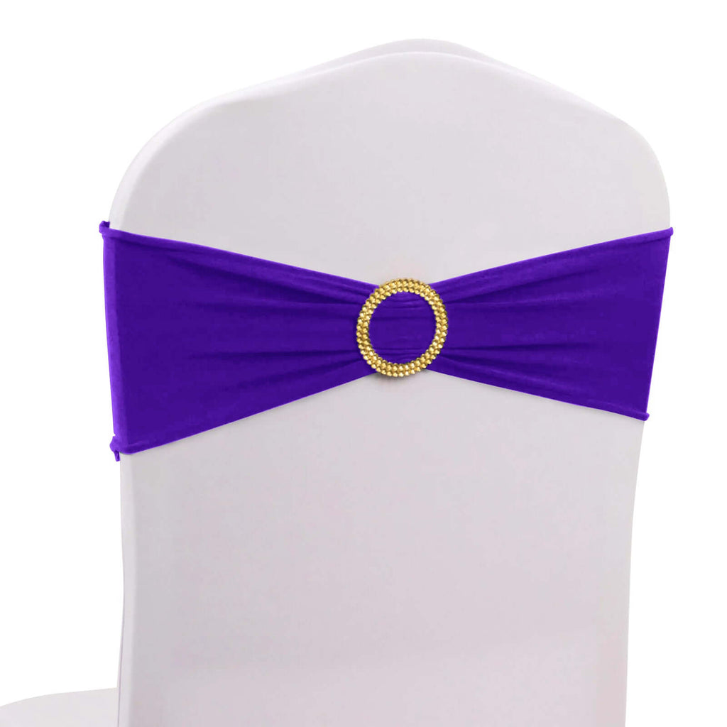 5 Pack Spandex Chair Sashes Purple with Gold Rhinestone Buckles - Reusable Four - Way Stretch Sash Bands 5"x14" - Bell Racket Store