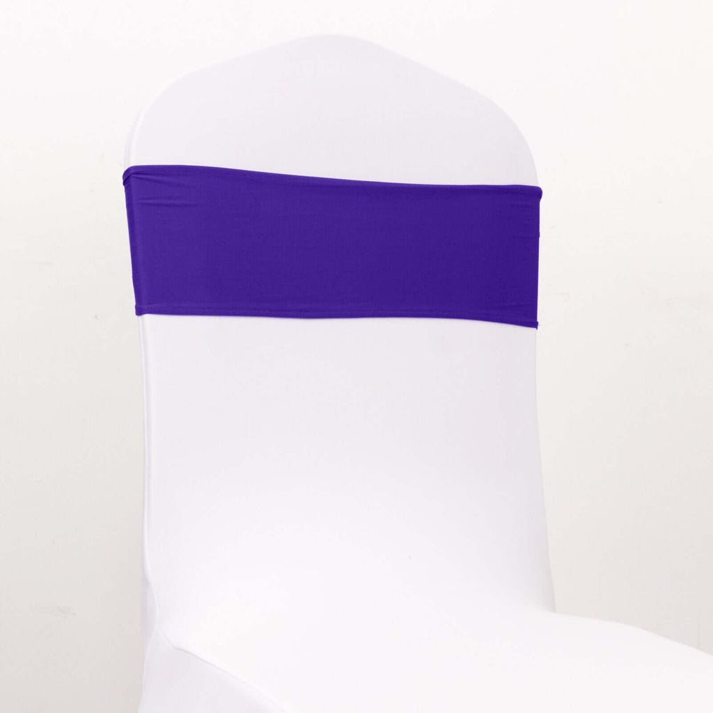 5 Pack Spandex Chair Sashes Purple with Gold Rhinestone Buckles - Reusable Four - Way Stretch Sash Bands 5"x14" - Bell Racket Store