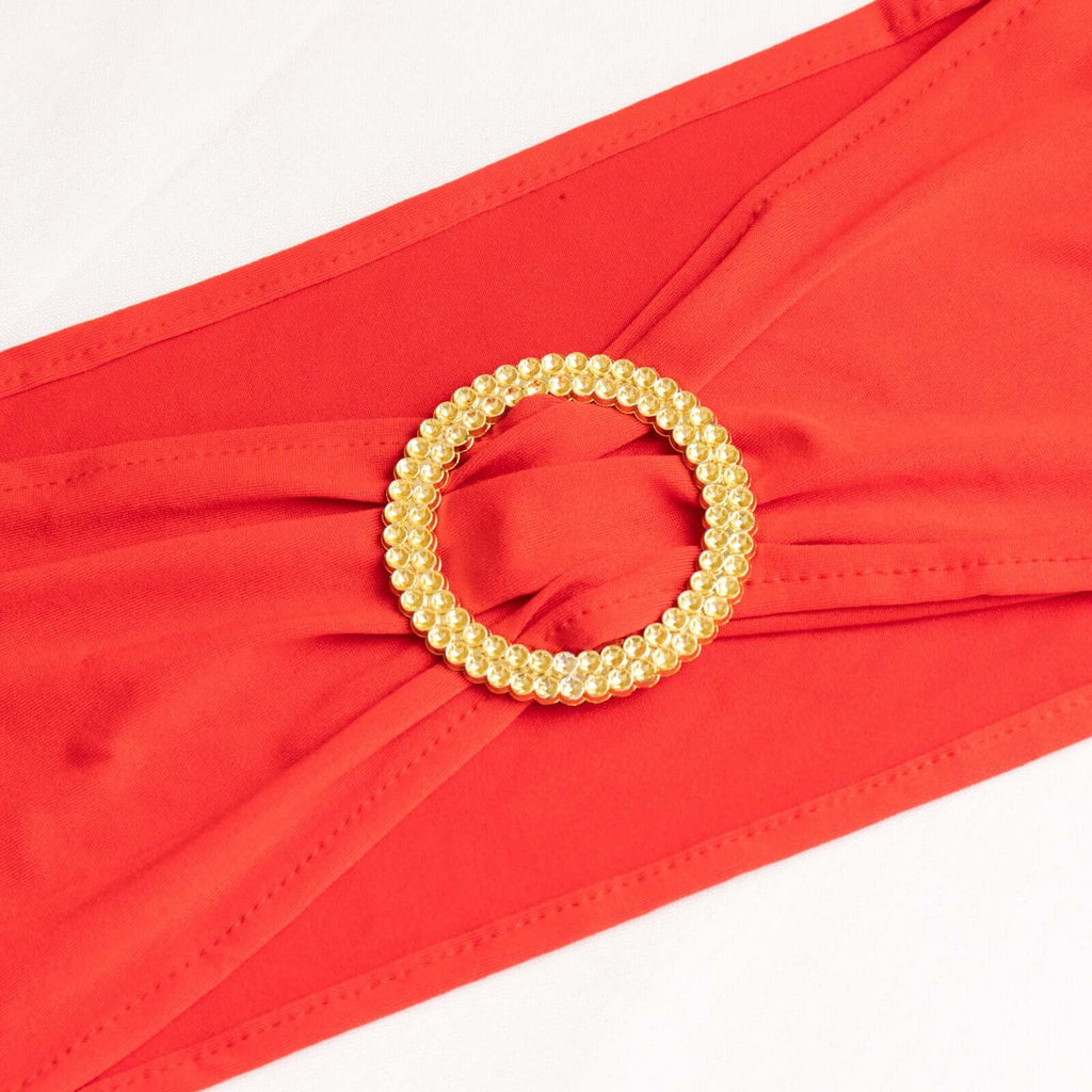 5 Pack Spandex Chair Sashes Red with Gold Rhinestone Buckles - Reusable Four - Way Stretch Sash Bands 5"x14" - Bell Racket Store