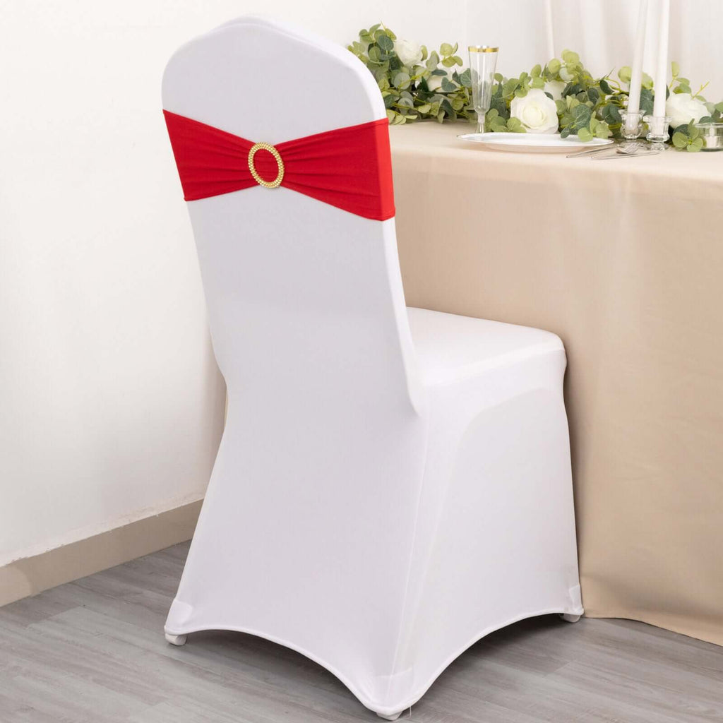 5 Pack Spandex Chair Sashes Red with Gold Rhinestone Buckles - Reusable Four - Way Stretch Sash Bands 5"x14" - Bell Racket Store