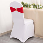 5 Pack Spandex Chair Sashes Red with Gold Rhinestone Buckles - Reusable Four - Way Stretch Sash Bands 5"x14" - Bell Racket Store