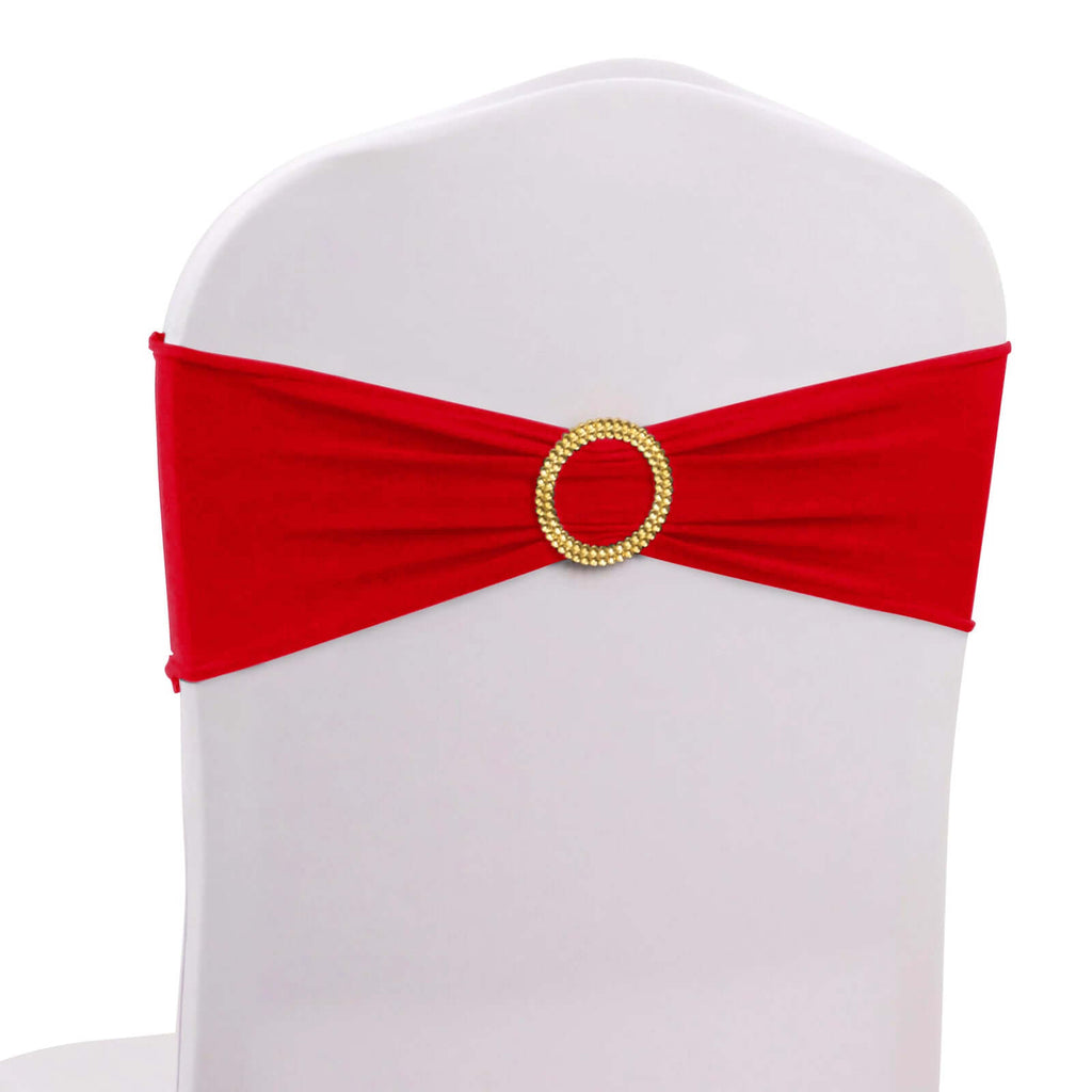 5 Pack Spandex Chair Sashes Red with Gold Rhinestone Buckles - Reusable Four - Way Stretch Sash Bands 5"x14" - Bell Racket Store
