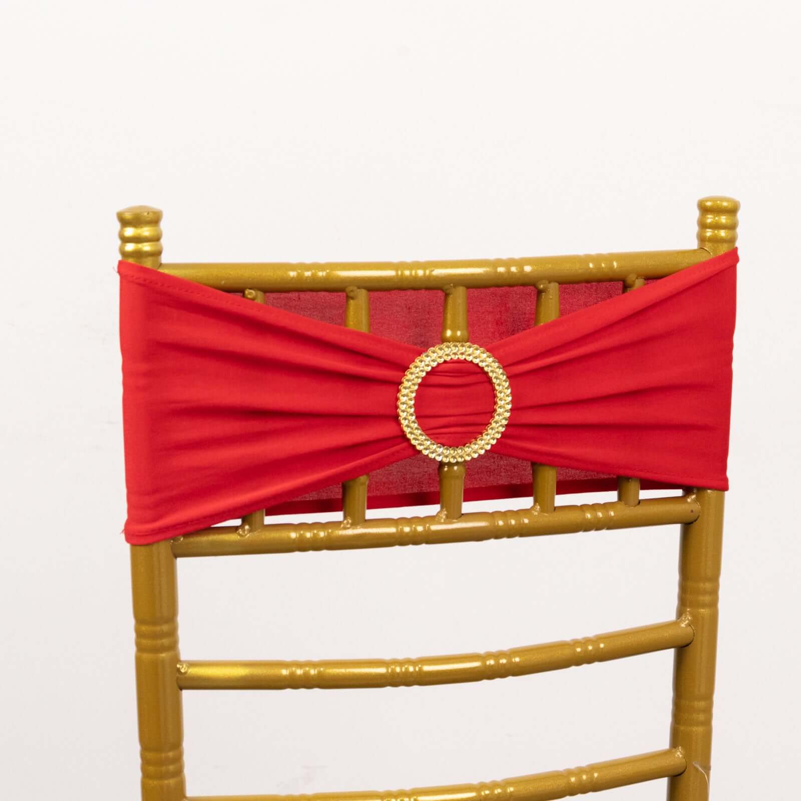 5 Pack Spandex Chair Sashes Red with Gold Rhinestone Buckles - Reusable Four - Way Stretch Sash Bands 5"x14" - Bell Racket Store