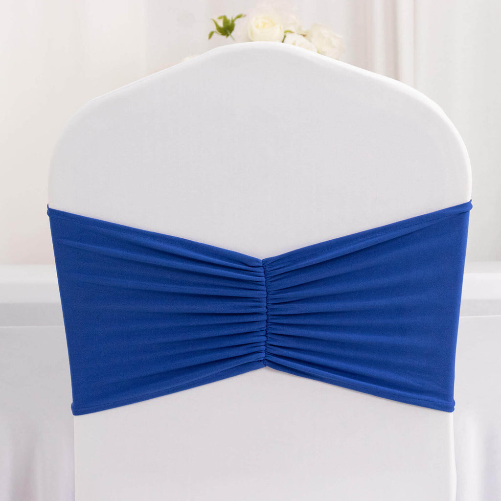 5 Pack Spandex Chair Sashes Royal Blue Ruffled Style - Wide Easy to Use Stretch Chair Bands 8"x13" - Bell Racket Store