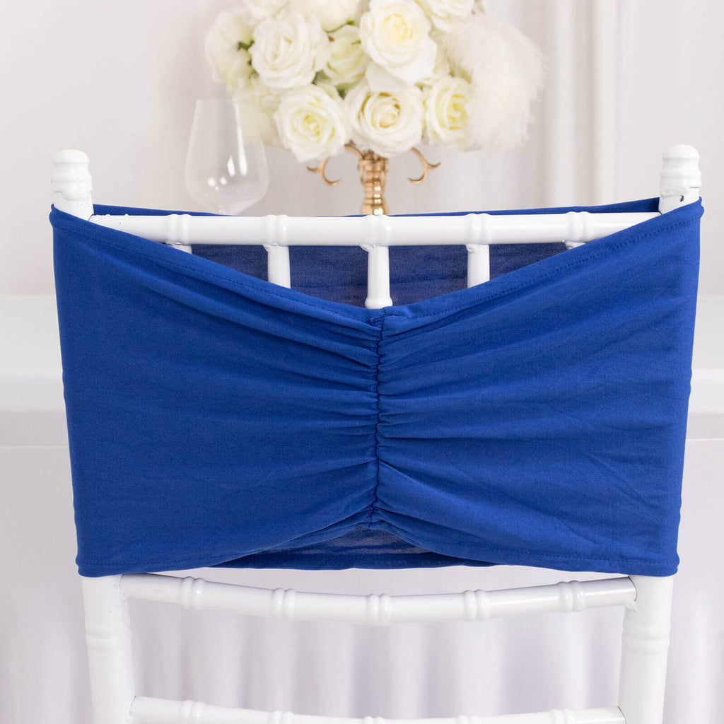 5 Pack Spandex Chair Sashes Royal Blue Ruffled Style - Wide Easy to Use Stretch Chair Bands 8"x13" - Bell Racket Store
