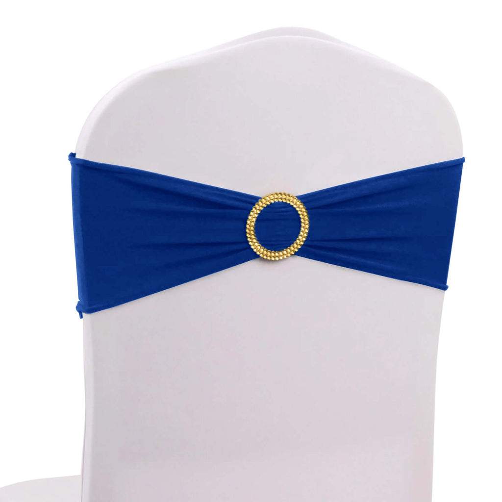5 Pack Spandex Chair Sashes Royal Blue with Gold Rhinestone Buckles - Reusable Four - Way Stretch Sash Bands 5"x14" - Bell Racket Store