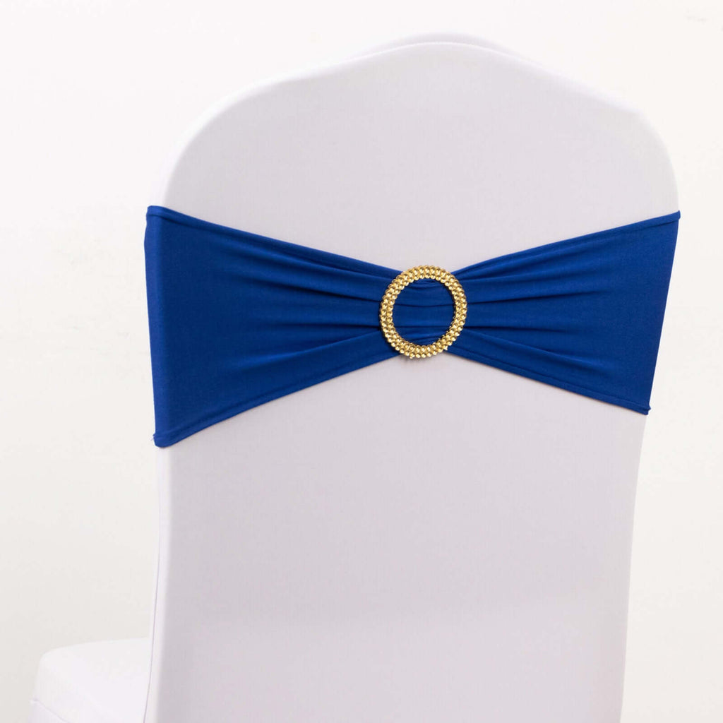 5 Pack Spandex Chair Sashes Royal Blue with Gold Rhinestone Buckles - Reusable Four - Way Stretch Sash Bands 5"x14" - Bell Racket Store