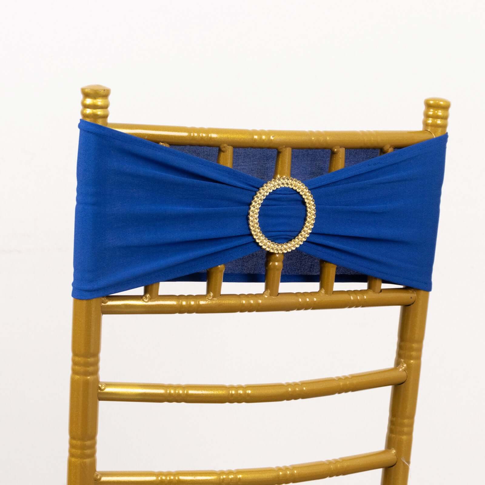 5 Pack Spandex Chair Sashes Royal Blue with Gold Rhinestone Buckles - Reusable Four - Way Stretch Sash Bands 5"x14" - Bell Racket Store