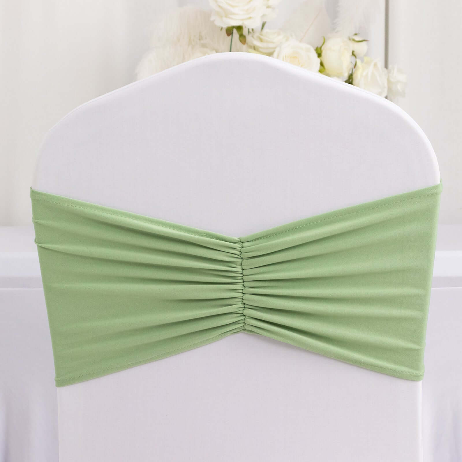5 Pack Spandex Chair Sashes Sage Green Ruffled Style - Wide Easy to Use Stretch Chair Bands 8"x13" - Bell Racket Store