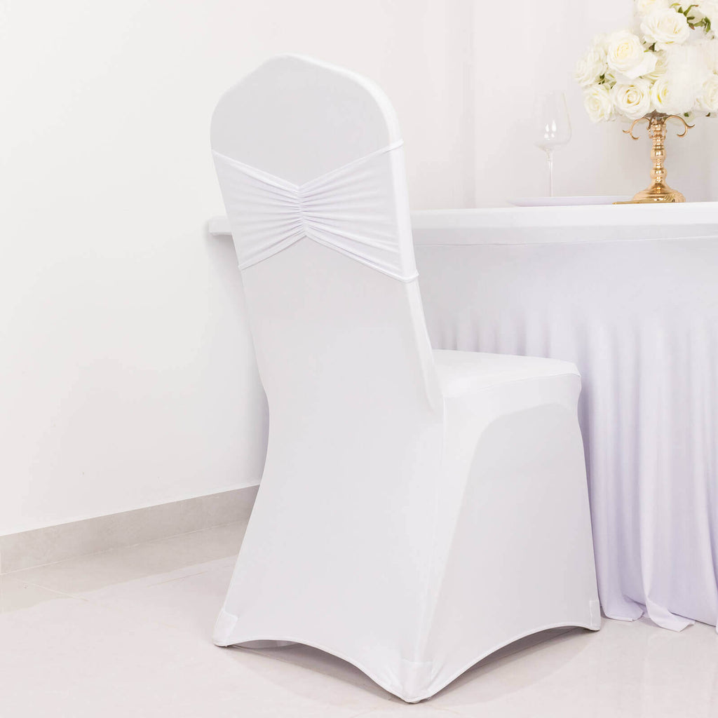 5 Pack Spandex Chair Sashes White Ruffled Style - Wide Easy to Use Stretch Chair Bands for Classy Wedding and Event Decor 8"x13" - Bell Racket Store