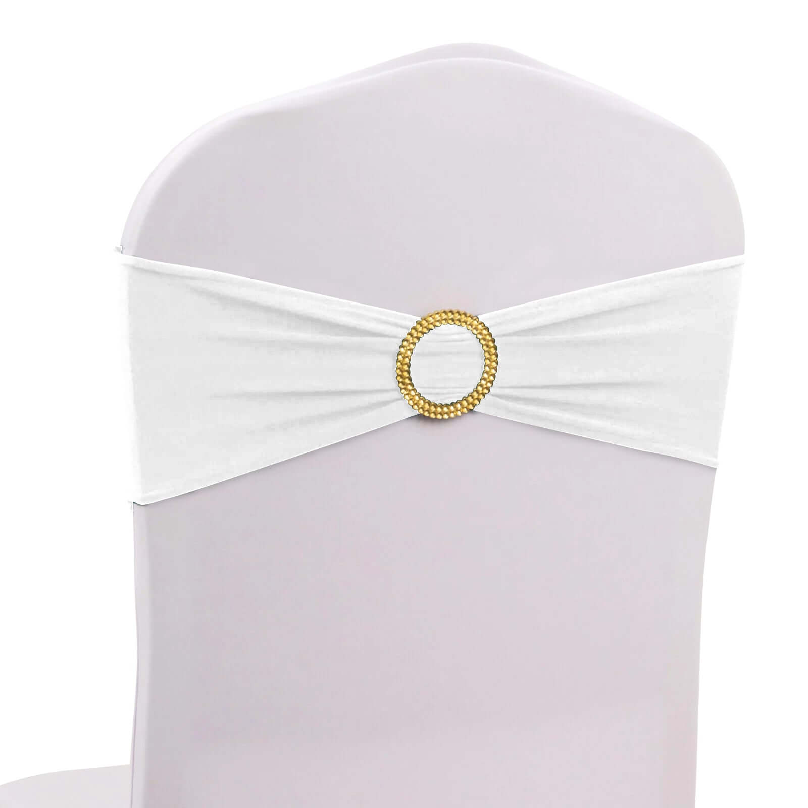 5 Pack Spandex Chair Sashes White with Gold Rhinestone Buckles - Reusable Four - Way Stretch Sash Bands for Classy & Effortless Wedding & Party Decor 5"x14" - Bell Racket Store