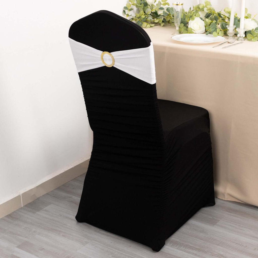 5 Pack Spandex Chair Sashes White with Gold Rhinestone Buckles - Reusable Four - Way Stretch Sash Bands for Classy & Effortless Wedding & Party Decor 5"x14" - Bell Racket Store