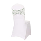 5 Pack Spandex Chair Sashes White/Dusty Sage Green French Toile Floral Pattern - Wide Wrinkle - Free Stretchable Chair Bands 8"x13" - Bell Racket Store