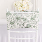 5 Pack Spandex Chair Sashes White/Dusty Sage Green French Toile Floral Pattern - Wide Wrinkle - Free Stretchable Chair Bands 8"x13" - Bell Racket Store