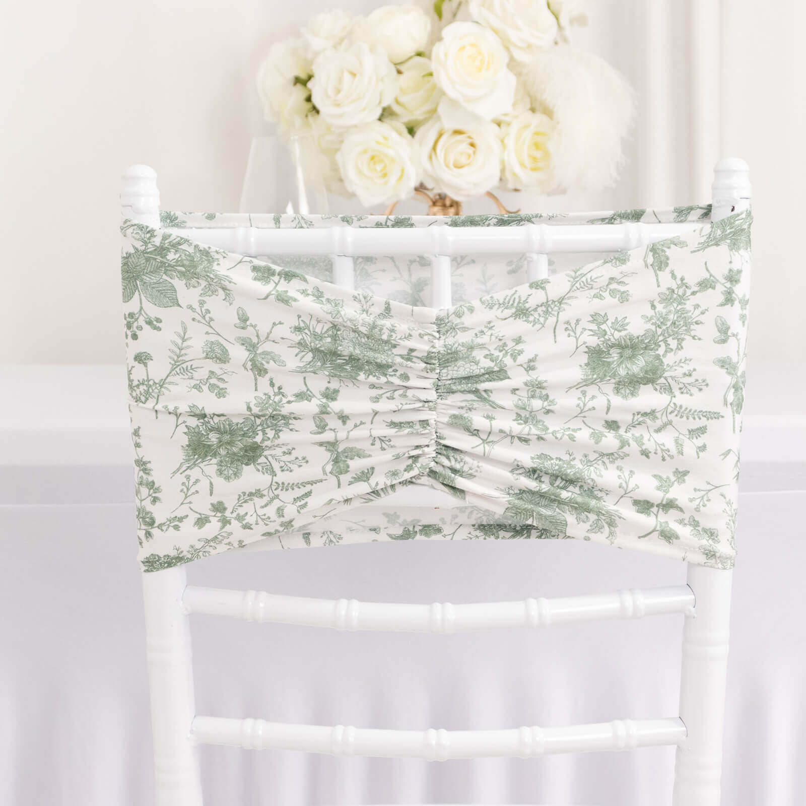 5 Pack Spandex Chair Sashes White/Dusty Sage Green French Toile Floral Pattern - Wide Wrinkle - Free Stretchable Chair Bands 8"x13" - Bell Racket Store
