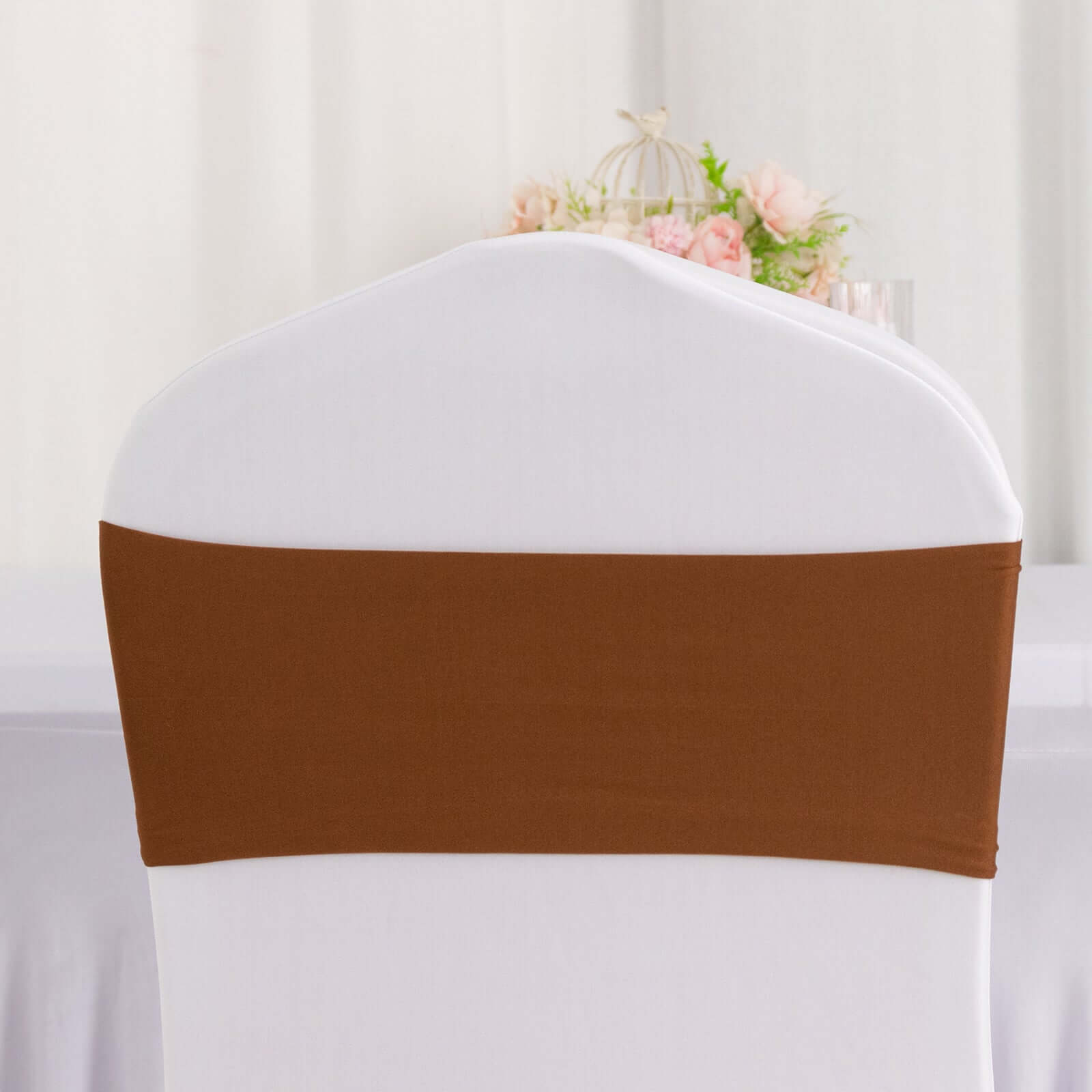 5 Pack Stretch Spandex Chair Sashes Cinnamon Brown - Fitted Finish Two Ply Heavy Duty Chair Bands 5"x12" - Bell Racket Store