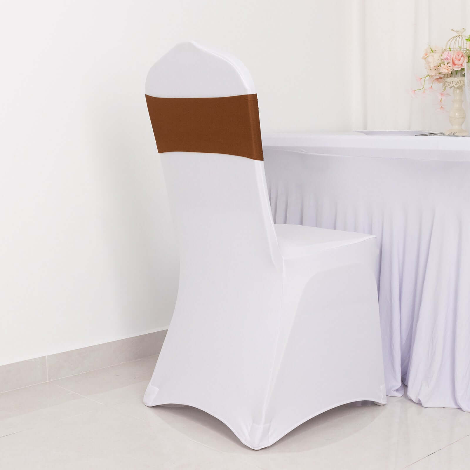 5 Pack Stretch Spandex Chair Sashes Cinnamon Brown - Fitted Finish Two Ply Heavy Duty Chair Bands 5"x12" - Bell Racket Store