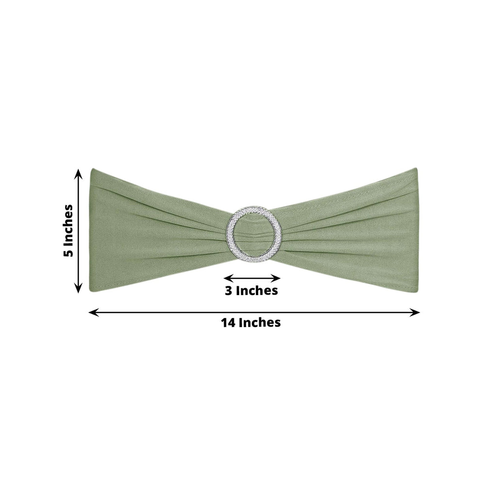5 Pack Stretch Spandex Chair Sashes Dusty Sage Green - Reusable Chair Bands with Silver Diamond Ring Slide Buckle 5"x14" - Bell Racket Store