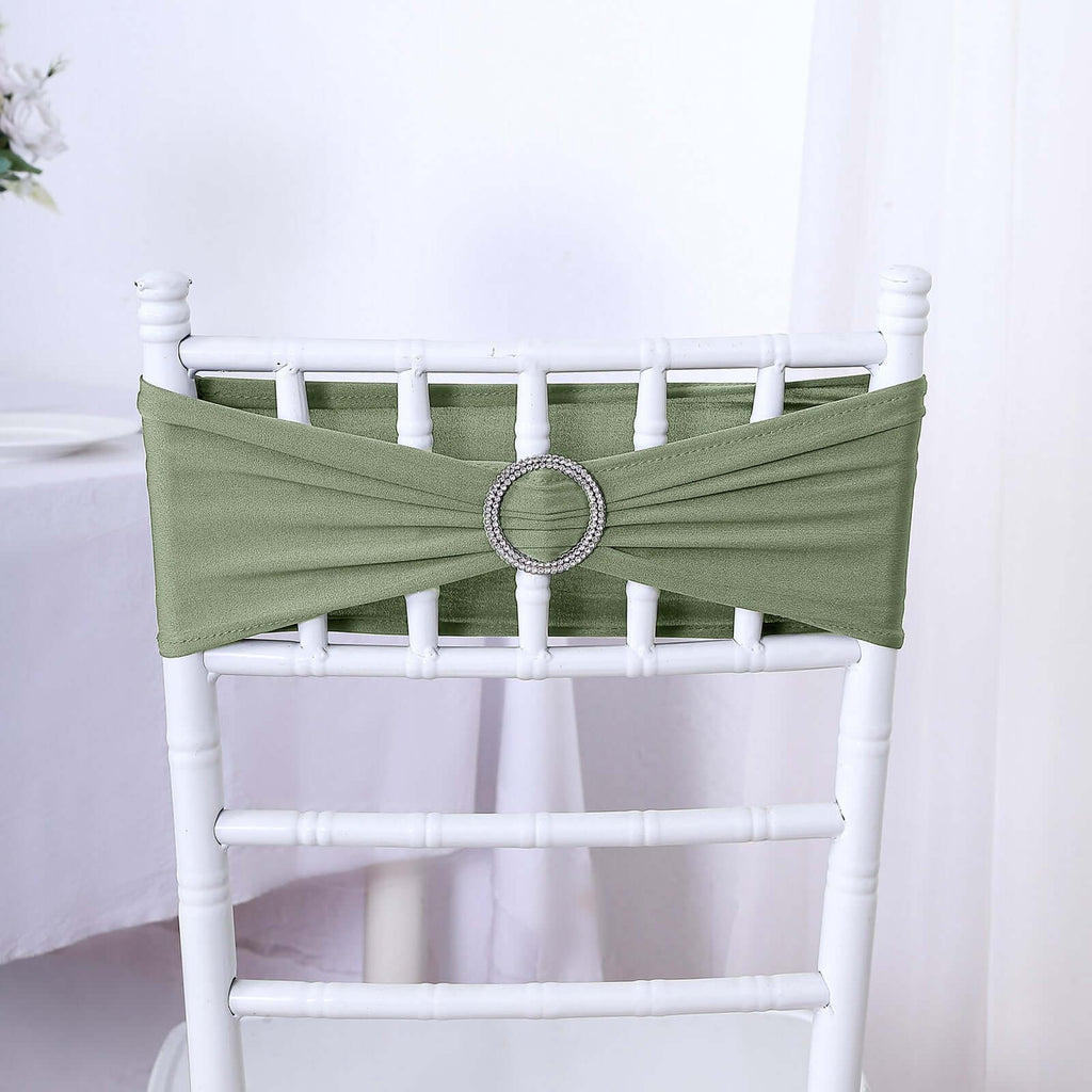 5 Pack Stretch Spandex Chair Sashes Dusty Sage Green - Reusable Chair Bands with Silver Diamond Ring Slide Buckle 5"x14" - Bell Racket Store